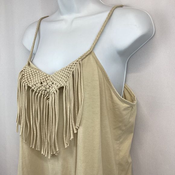 Cato Women Size 14/16W Beige Macrame Fringe Tassel Ruched Tank Top Boho Hippie - Picture 2 of 5